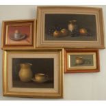 Joyce Seddon, four oil on board, all still life studies of fruit, eggs etc, 4.75ins x 9ins and down