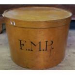 A large Luterma Estonia plywood hat box, with lid, stencilled with initials E.M.P, diameter  17.