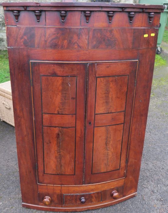 A 19th century mahogany barrel fronted corner cabinet, fitted with a pair of doors revealing shelves