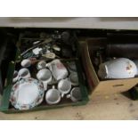 Three boxes of assorted kitchenalia, cutlery, Denby china, etc.
