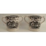 Two 19th century Staffordshire pottery frog loving mugs, both printed with figures and landscapes