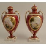 A pair of Royal Worcester covered vases, decorated with landscape panels in the Corot style by Harry