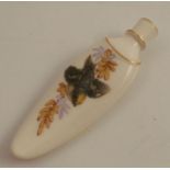 A Royal Worcester porcelain scent flask, of slender curved form, decorated with a bird and leaves,