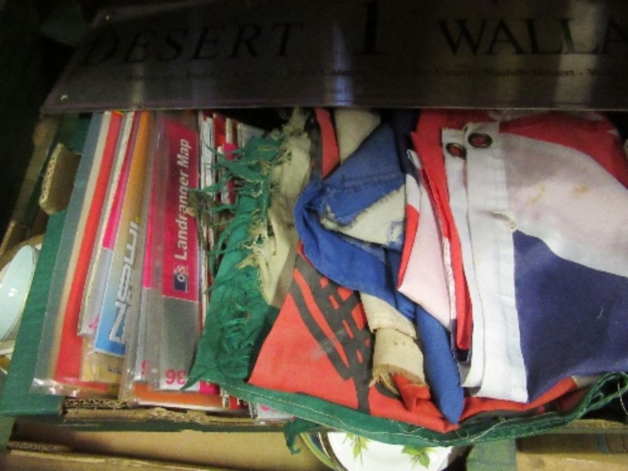 Four boxes of sundries, including glass, maps, flags, teaware, etc. - Image 3 of 4