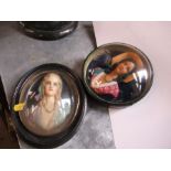 Two framed and glazed waxworks relief busts of ladies, oval diameter 7ins, circular diameter 6ins