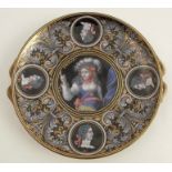 A 19th century Limoges style dish, richly enamelled with central portrait, marked La Pvcelle, with