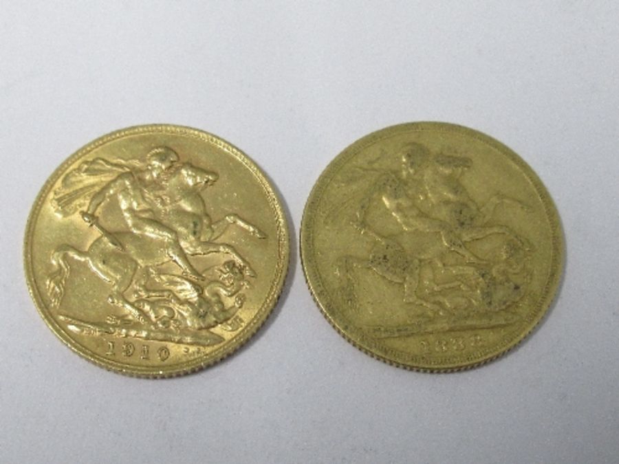 Two gold sovereigns, 1888 and 1910