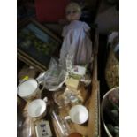 A box to include Coalport cottages, doll, still life, etc.