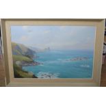 Hugh E Ridge, oil on canvas, coastal scene, 19ins x 29ins, together with R Walters, oil on canvas,