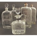 Two pairs of Georgian glass spirit decanters, of rectangular form, with etched decoration, two