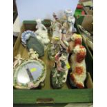 A box containing two Staffordshire dogs, various Staffordshire figures, a continental mirror