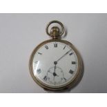 A 9 carat gold open faced pocket watch, the white enamel dial with black Roman numerals, blued steel