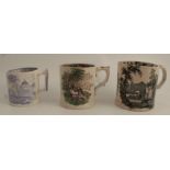 Three 19th century Staffordshire pottery frog mugs, all with printed scenes, height 5ins and down