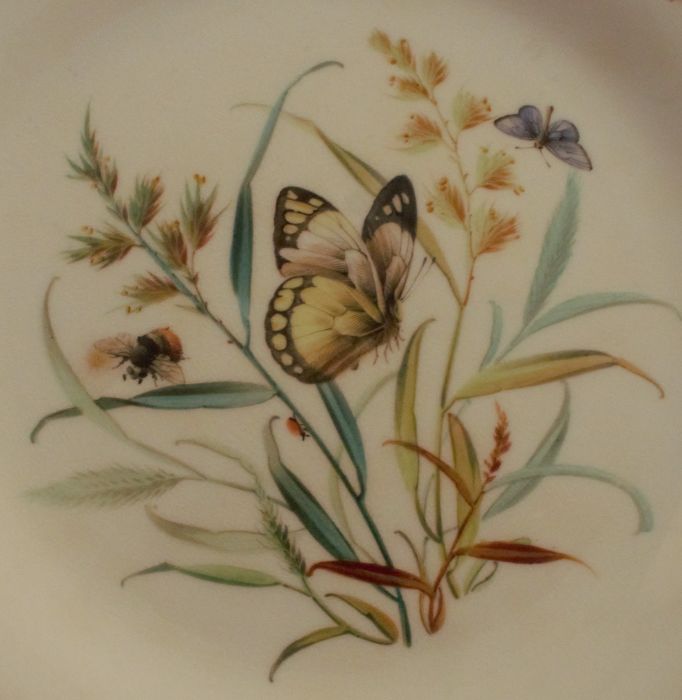 A set of seven 19th century Worcester dessert plates, decorated with flowers and insects, with - Image 3 of 3