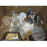 A box of sundry china, including a plaque signed N Creed