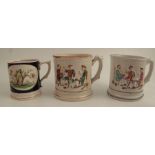Three 19th century Staffordshire pottery frog mugs, two embossed with figures, height 5ins, and