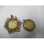 Two mounted sovereigns, one circa 1918, the other a Victorian example, 30gms gross