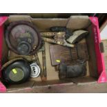 A box of sundries, to include primitive instruments, printing blocks, etc.