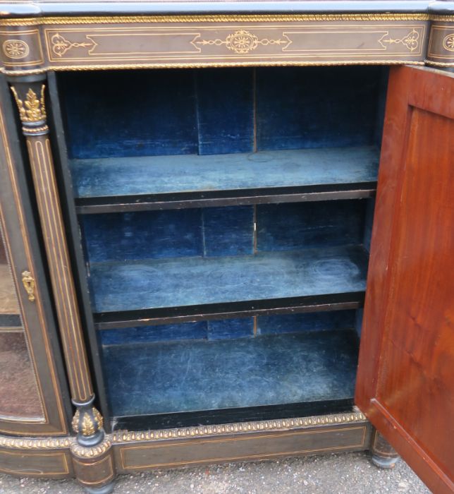 A Victorian ebony and inlaid credenza, fitted with a central cupboard flanked by two glazed bow - Image 3 of 6