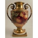A Royal Worcester pedestal vase, decorated all around with fruit to a mossy background by