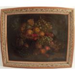 An Antique oil on canvas, still life study of fruit and a basket, 18ins x 24ins