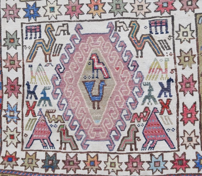 A Kelim style rug, decorated with ten panels of hooked gulls, birds and animals, 79ins x 49ins - Bild 2 aus 3