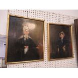 A pair of 19th century oil on board, portraits of women in lace bonnets, labels verso, 14ins x