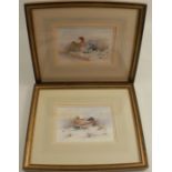 Jas Stinton, pair of watercolours, ducks in snowy landscapes, 5ins x 7ins