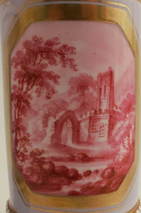 A pair of 19th century Spode spill vases, the pale purple ground reserving a landscape panel painted - Image 3 of 5