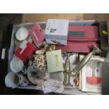A box of sundries, to include radio, painted vases, etc.