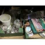 Four boxes of sundries, including glass, maps, flags, teaware, etc.