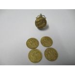 Five half sovereigns, 1911, 1910, 1918, 1905 and 1859, one mounted