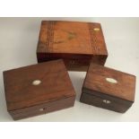 A 19th century walnut and inlaid writing box, width 12ins, together with two other 19th century