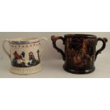 A 19th century Staffordshire pottery loving frog mug, with embossed decoration of monkeys dressed up