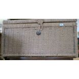 Two fishing creel baskets and a laundry basket