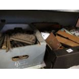 Two boxes of assorted tools, brassware, sundries, models, etc. to include clock tool