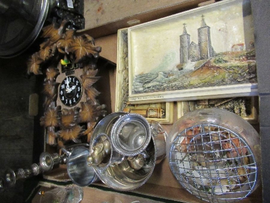 Two boxes of assorted items, to include a cuckoo clock, silver plated items, glasses, china models - Image 3 of 4