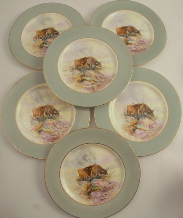 Six Royal Worcester plates, probably decorated outside the factory with highland cattle and