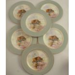 Six Royal Worcester plates, probably decorated outside the factory with highland cattle and