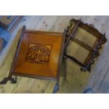 A mahogany fire screen, with inlaid decoration, 20ins x 26.5ins, together with a set of walnut