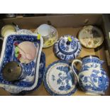A box of blue and white china, together with a Royal Worcester dish, a Dresden cup and saucer etc