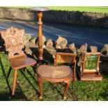 Two swing frame toilet mirrors, together with a caned stool, a jardinière stand and an oak carved