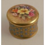 An English porcelain miniature covered pot, of circular form, the cover decorated with flowers, by