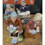 Four Royal Doulton figures, Flora, Teatime, A Stitch in Time and Schoolmam