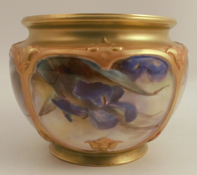 A Royal Worcester cache pot, the quarter lobbed body decorated with iris by W Powell, shape number