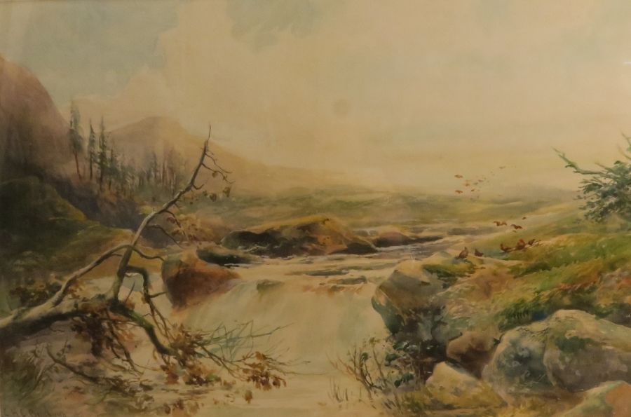 C H C Baldwyn, watercolour, landscape with waterfall and game birds, 12ins x 18ins - Image 2 of 3