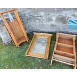 A wall mirror, together with a pine set of wall shelves and a butlers tray on stand