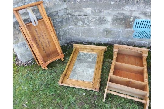 A wall mirror, together with a pine set of wall shelves and a butlers tray on stand - Image 1 of 5