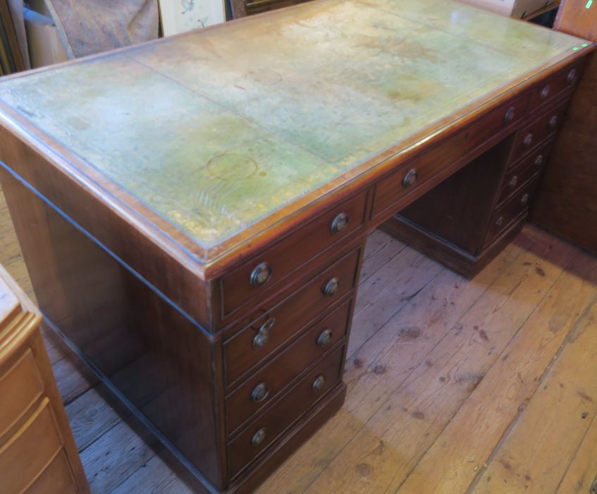 A reproduction mahogany partners desk, fitted with one long frieze drawer flanked by two further - Image 3 of 3