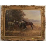 S J Clode, oil on canvas, landscape with three working horses and a cart, 17ins x 23ins